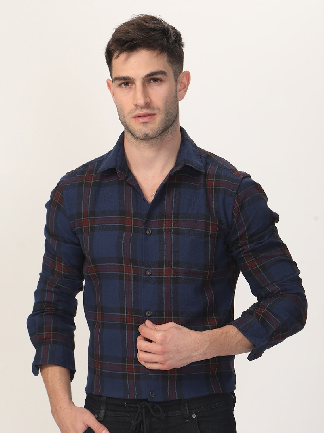 

POE Smart Slim Fit Tartan Checked Pure Cotton Casual Shirt, Blue