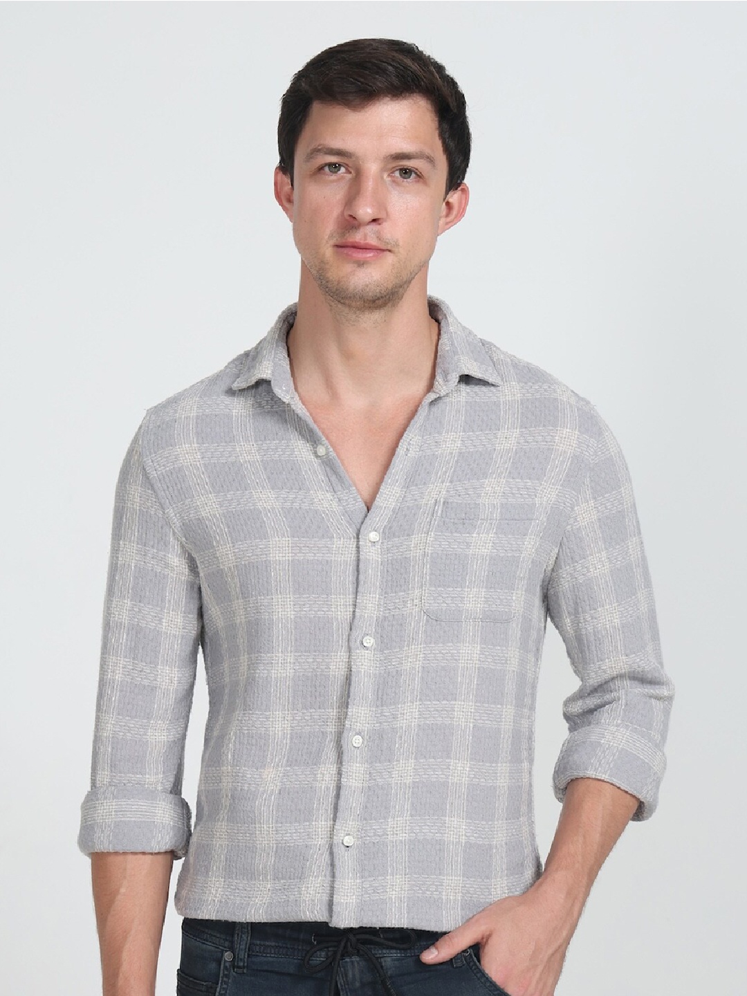 POE Checked Smart Slim Fit Pure Cotton Casual Shirt, Grey
