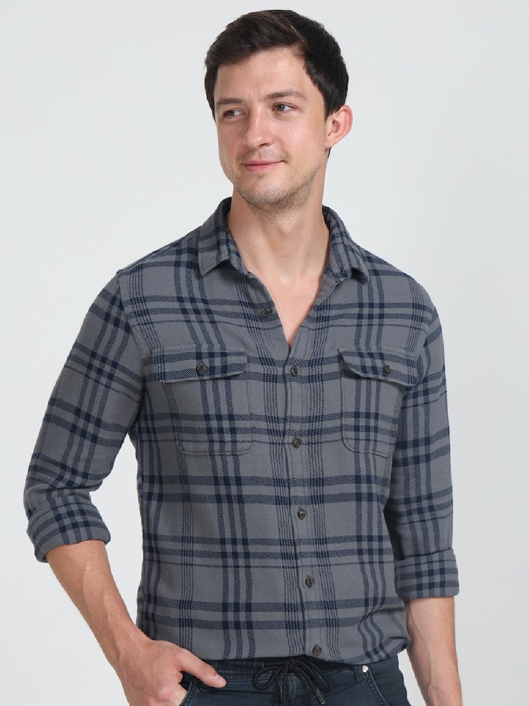 

POE Tartan Checks Printed Spread Collar Slim Fit Casual Shirt, Grey