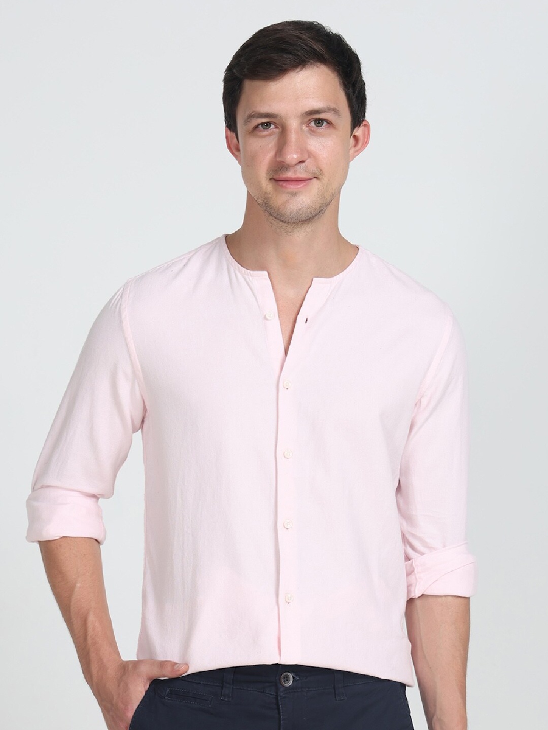 

POE Smart Slim Fit Collarless Opaque Casual Shirt, Pink