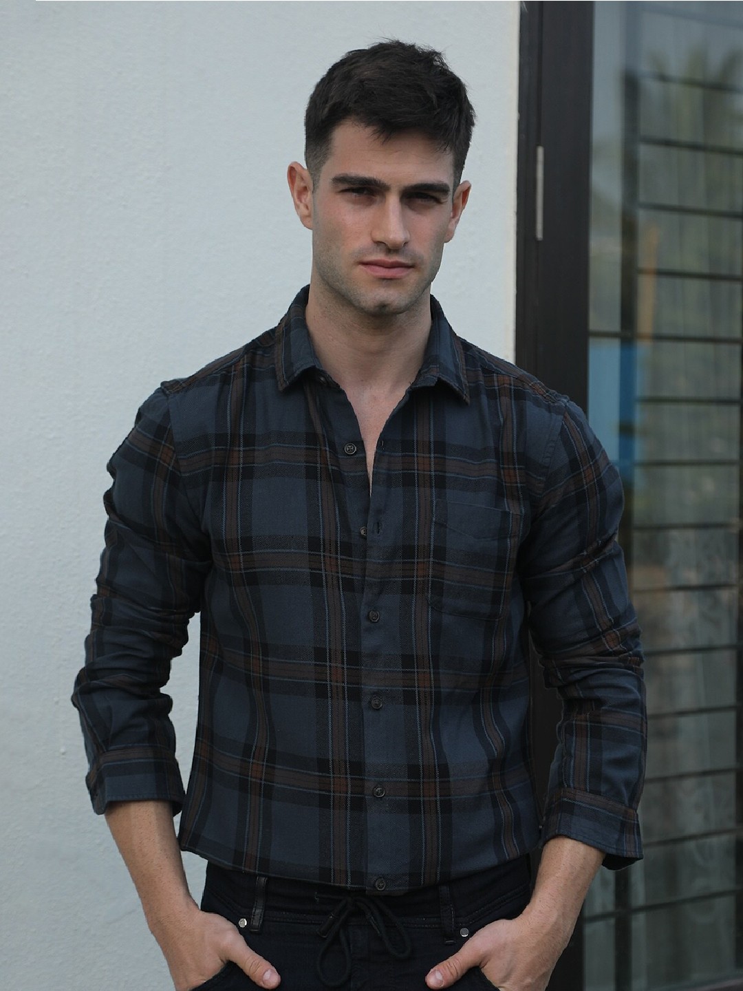 

POE Tartan Checked Smart Slim Fit Pure Cotton Casual Shirt, Navy blue
