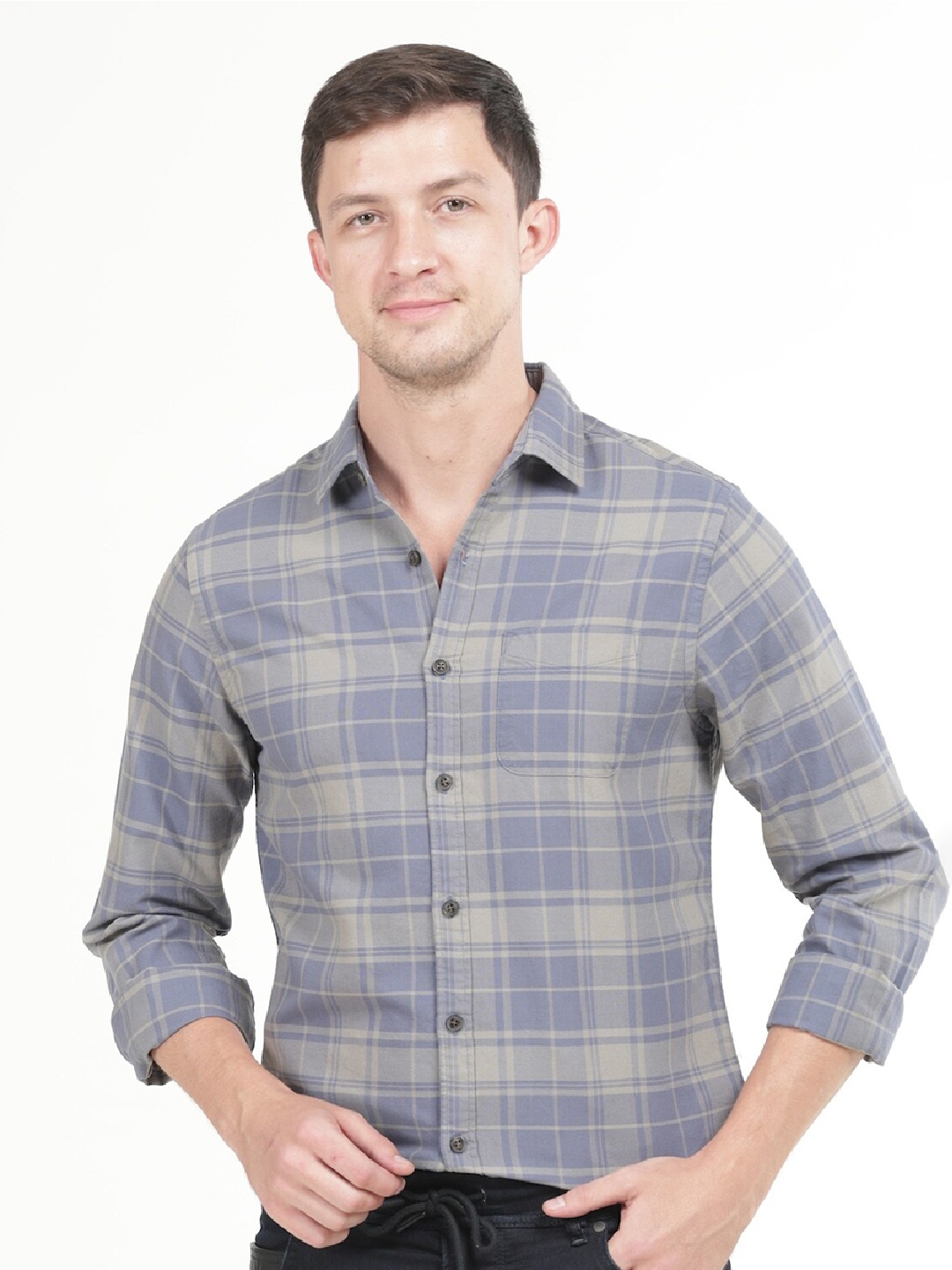 

POE Checked Printed Spread Collar Cotton Slim Fit Casual Shirt, Blue