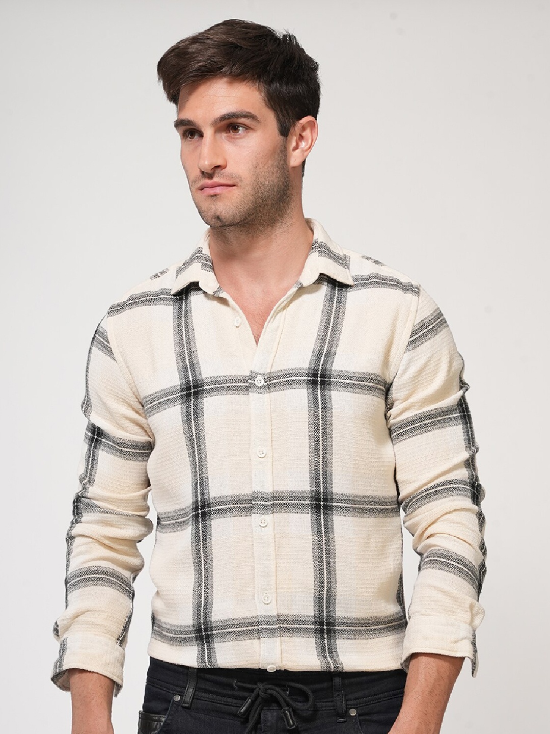

POE Smart Slim Fit Tartan Checked Pure Cotton Casual Shirt, Beige