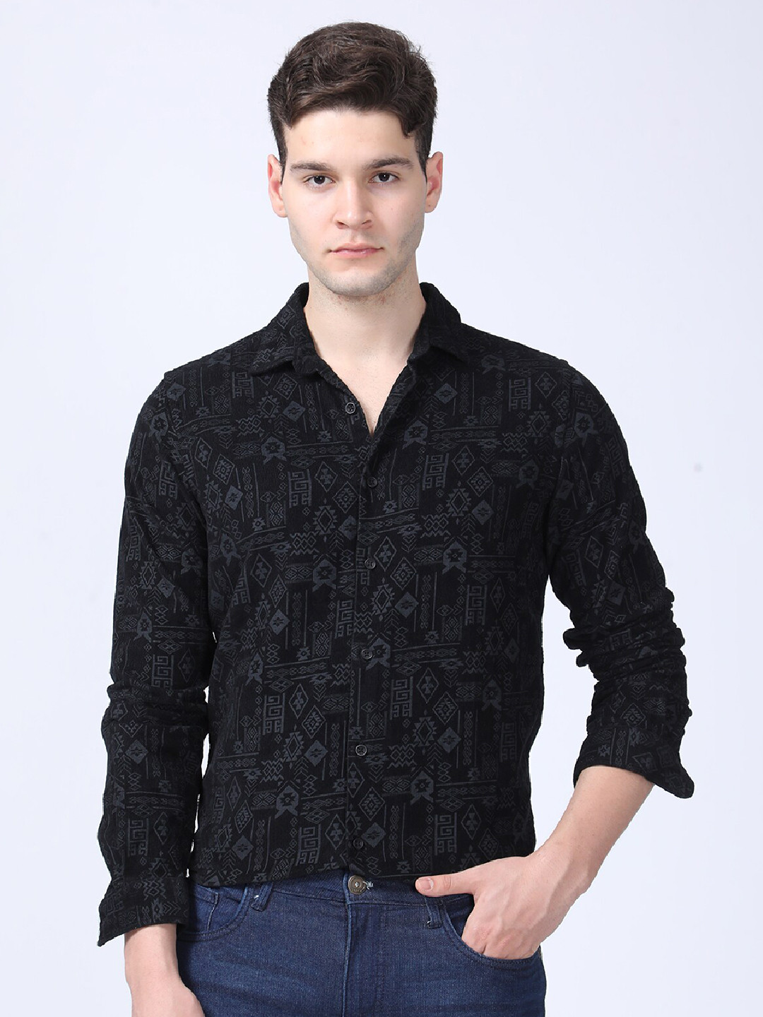 

POE Printed Spread Collar Slim Fit Casual Shirt, Black