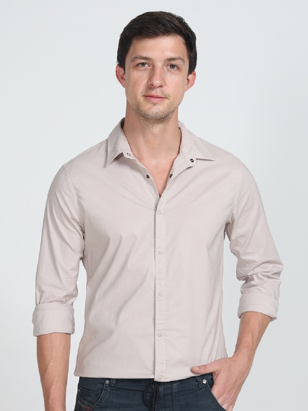 

POE Smart Slim Fit Long Sleeves Pure Cotton Casual Shirt, Beige