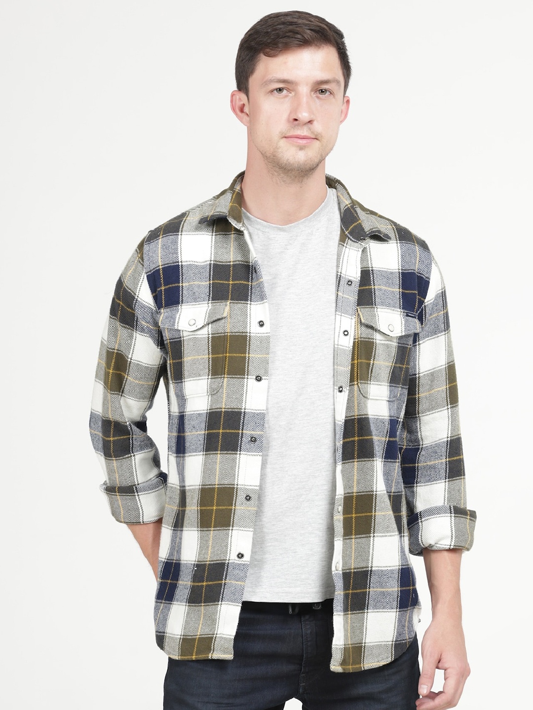 

POE Smart Slim Fit Tartan Checked Long Sleeves Pure Cotton Casual Shirt, Green