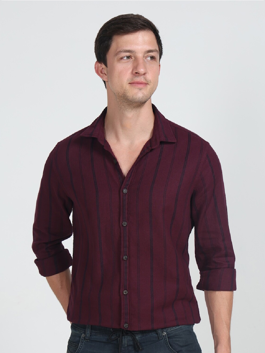 

POE Checked Printed Spread Collar Slim Fit Casual Shirt, Maroon