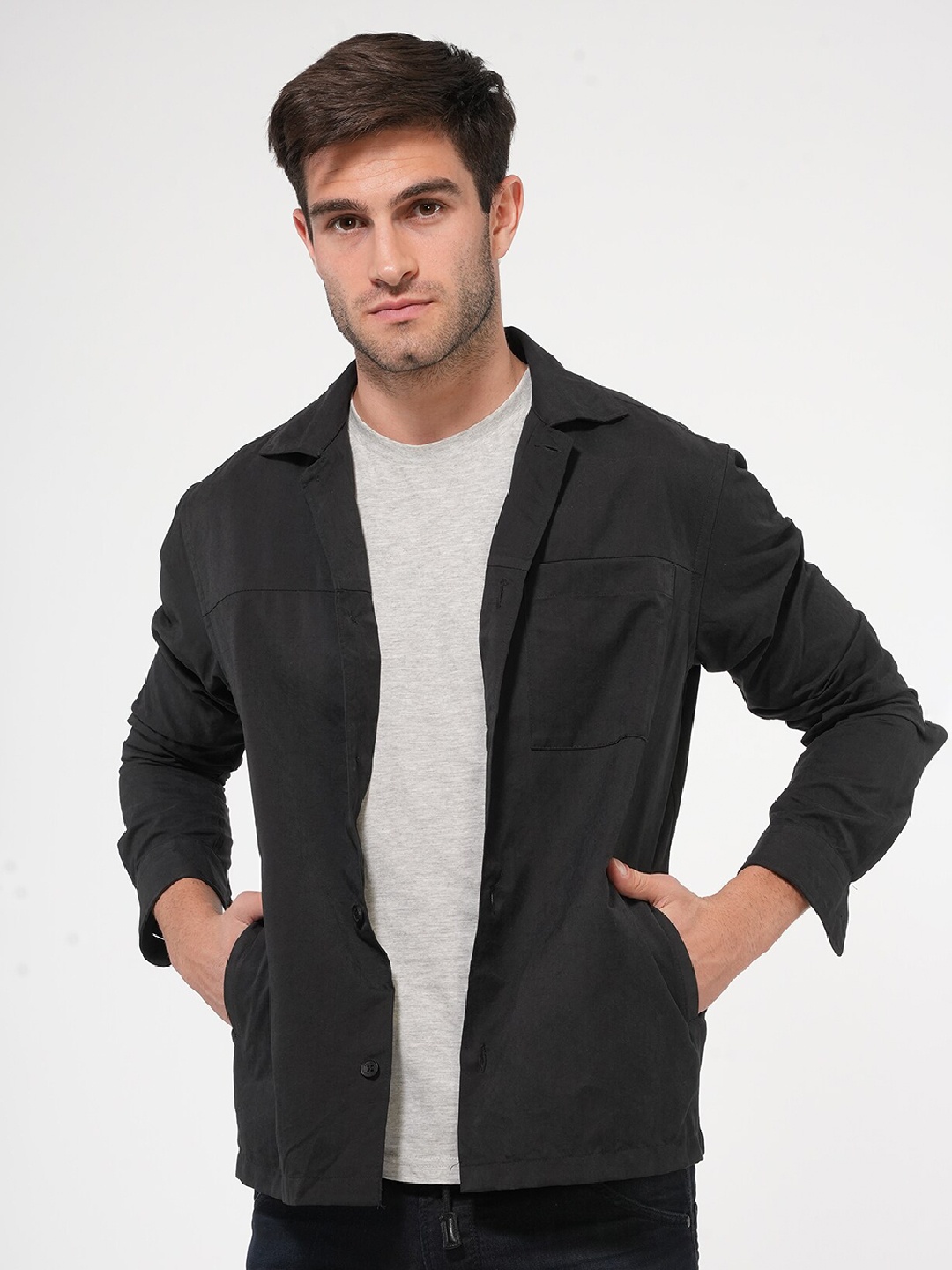 

POE Smart Slim Fit Suede Casual Shacket, Black