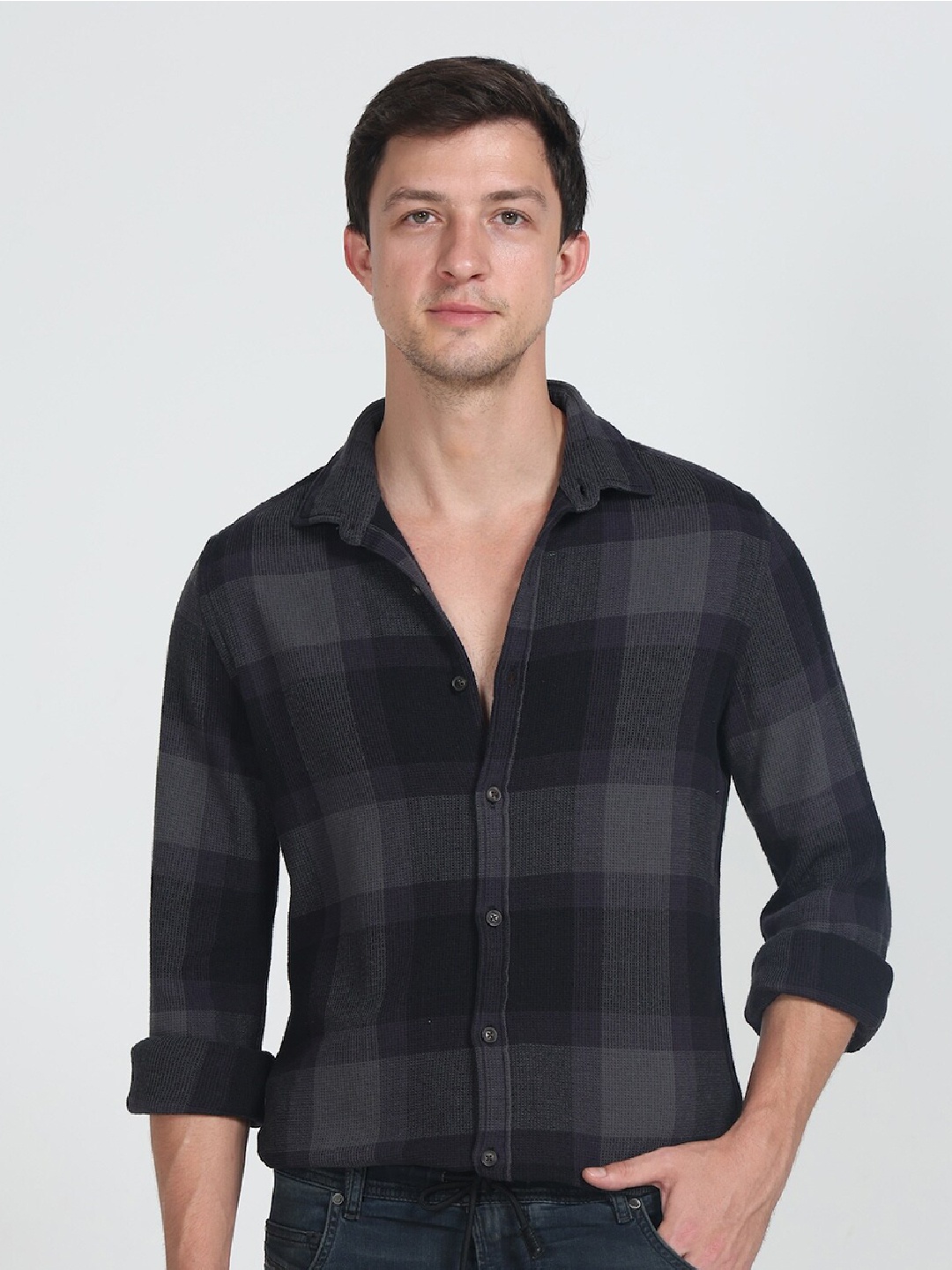 

POE Smart Slim Fit Pure Cotton Checked Casual Shirt, Grey