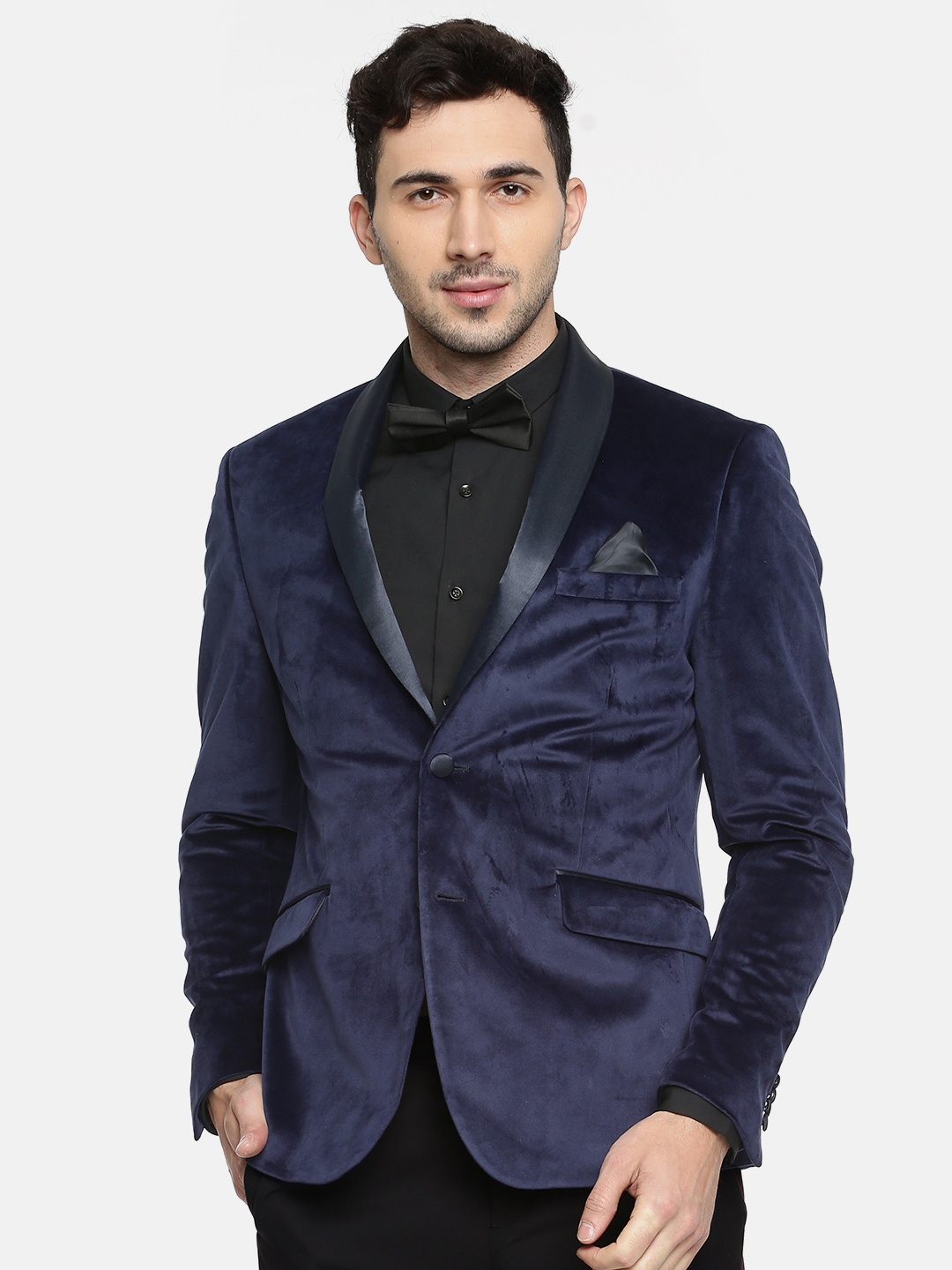 

V Dot Men Blue Skinny Fit Single-Breasted Velvet Blazer