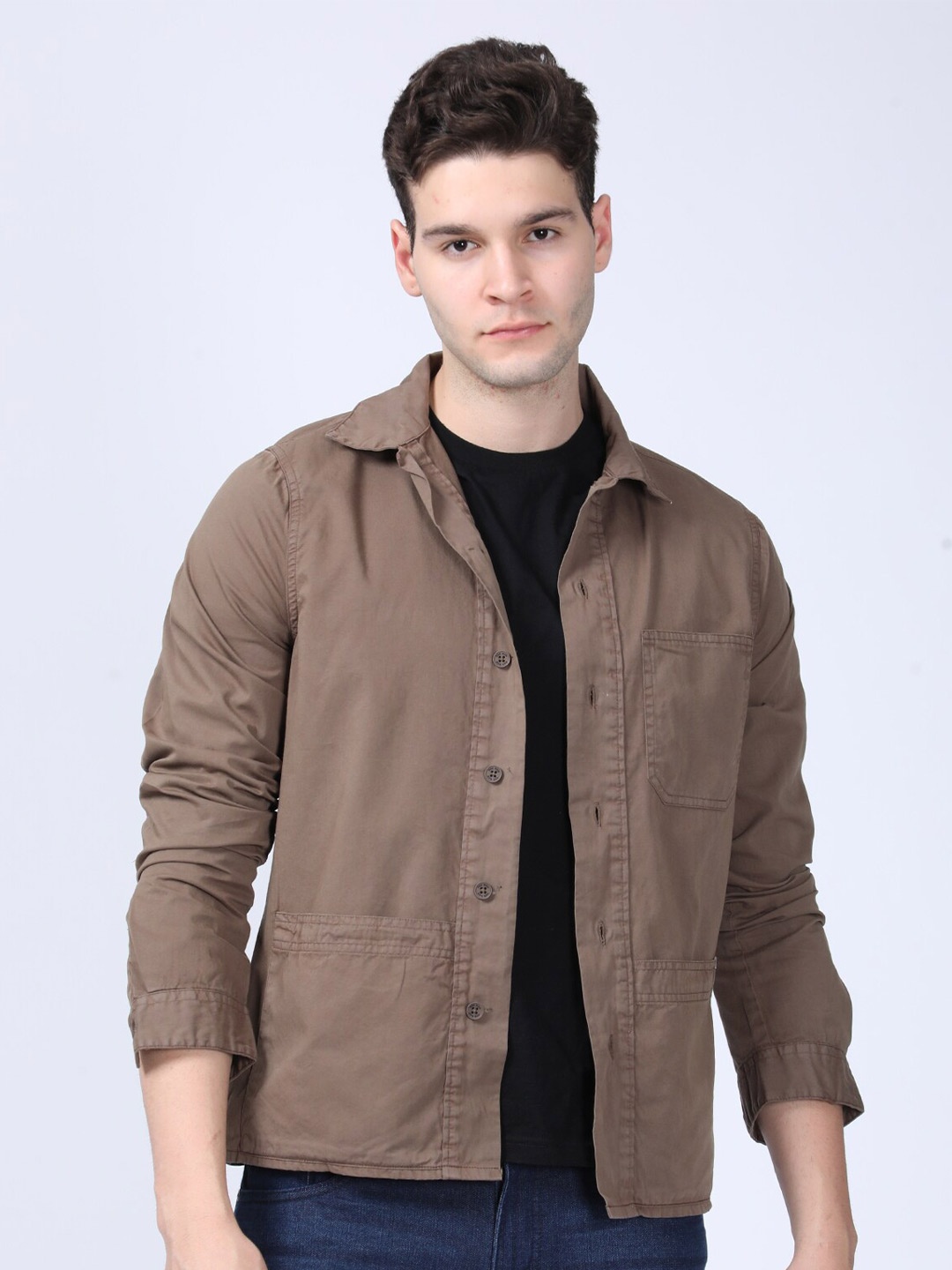 POE Smart Slim Fit Pure Cotton Casual Shacket, Khaki