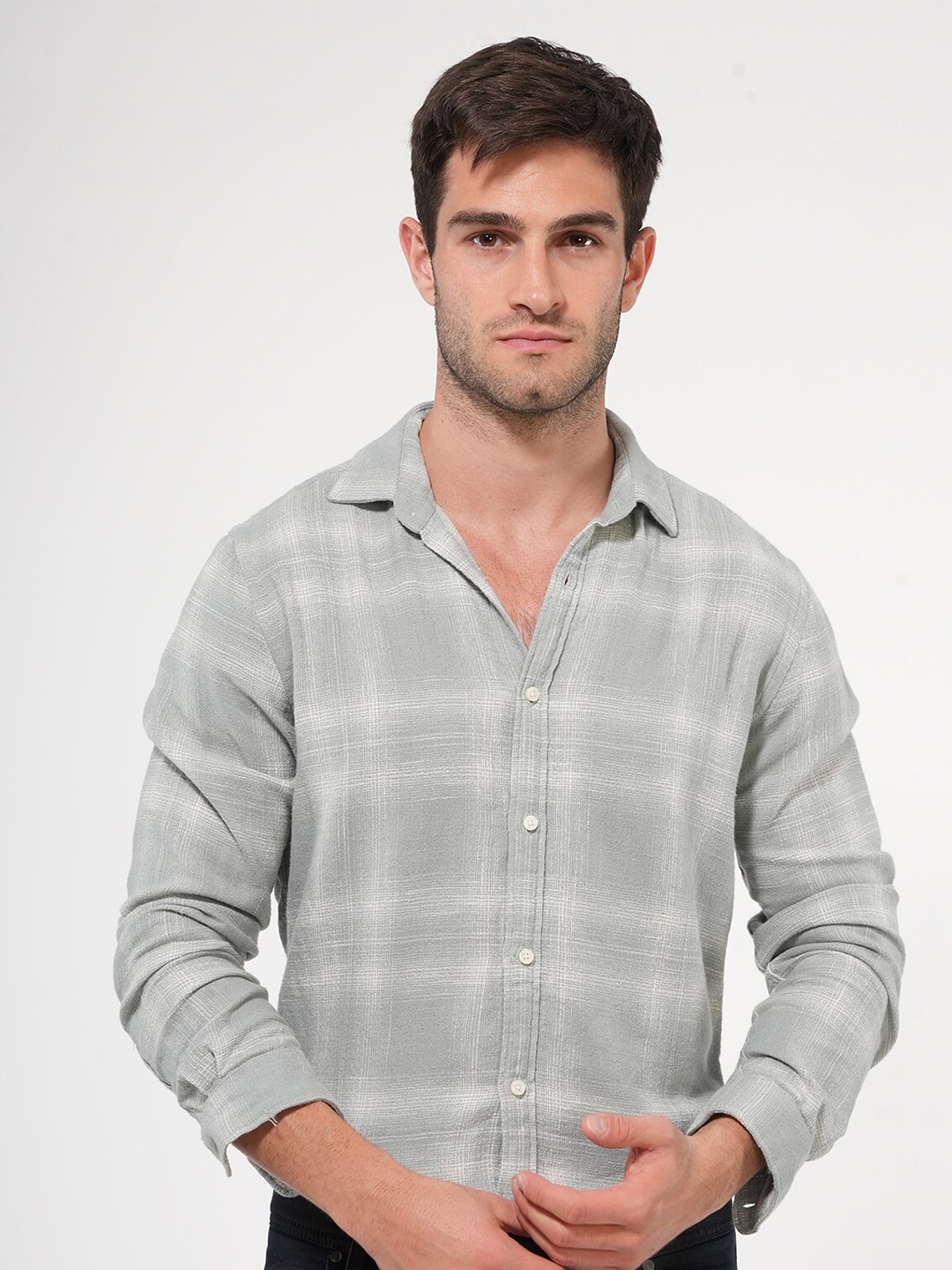 

POE Tartan Checked Printed Spread Collar Slim Fit Casual Shirt, Green