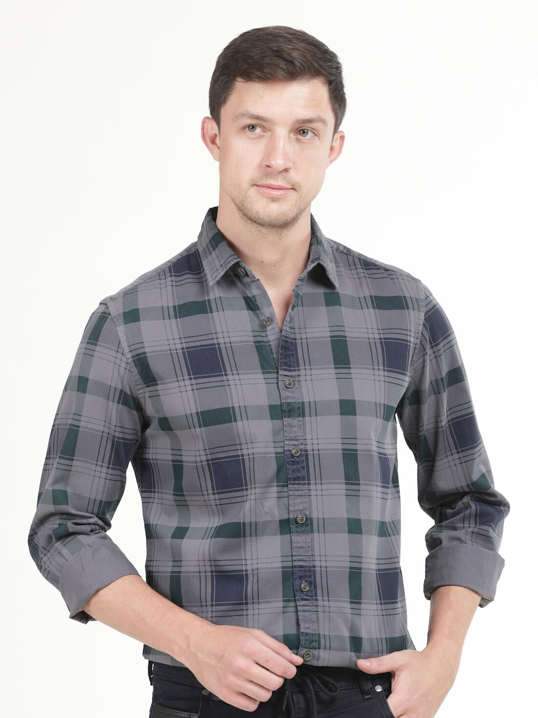 

POE Smart Slim Fit Tartan Checked Pure Cotton Casual Shirt, Purple