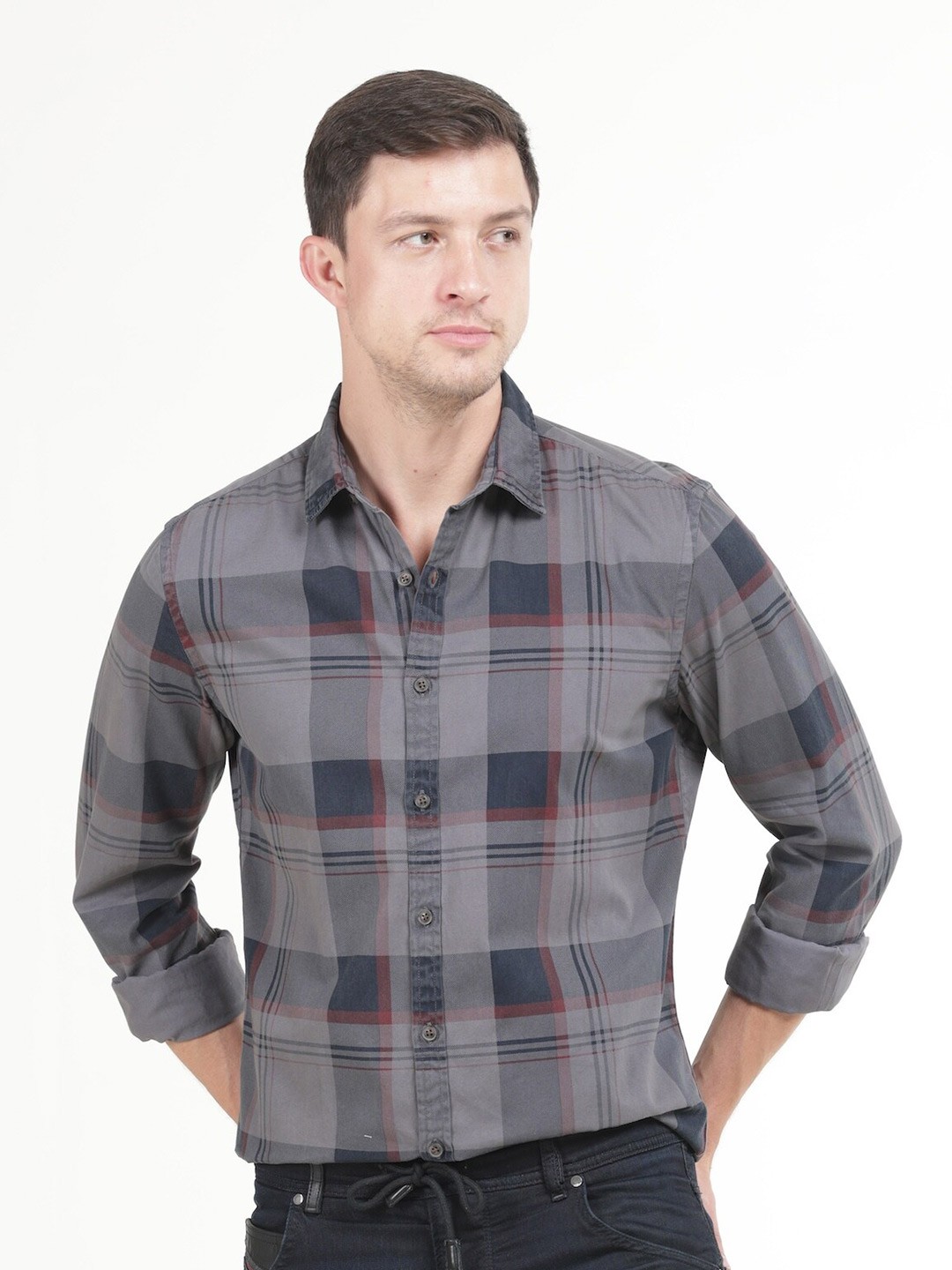 

POE Smart Slim Fit Tartan Checked Pure Cotton Casual Shirt, Grey