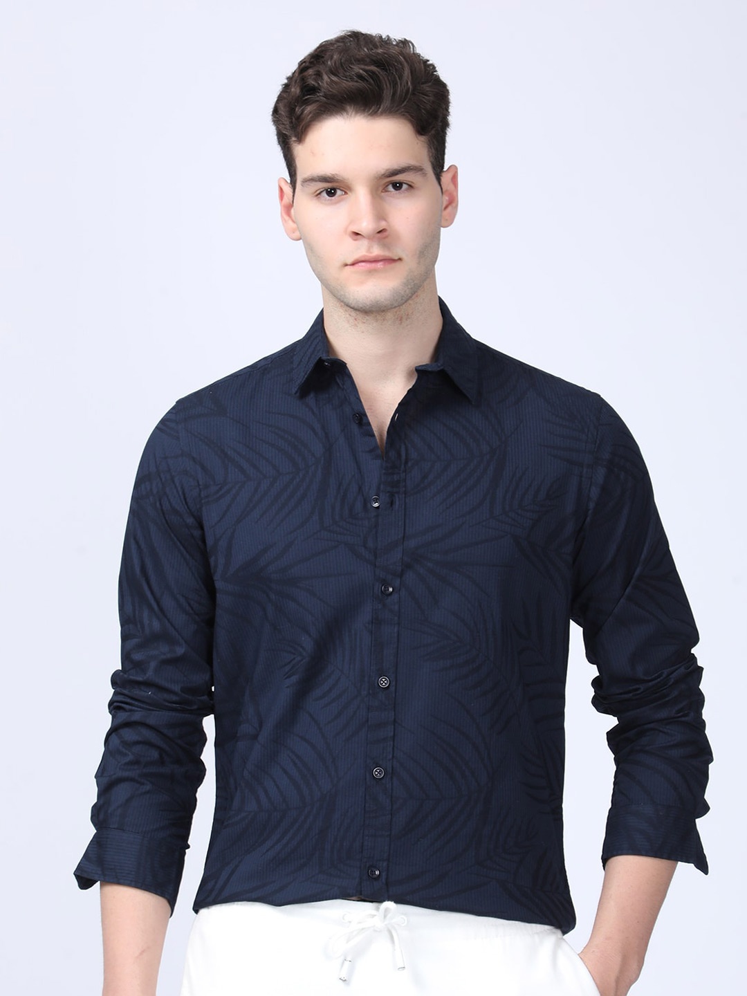 

POE Smart Slim Fit Floral Printed Long Sleeves Cotton Casual Shirt, Navy blue