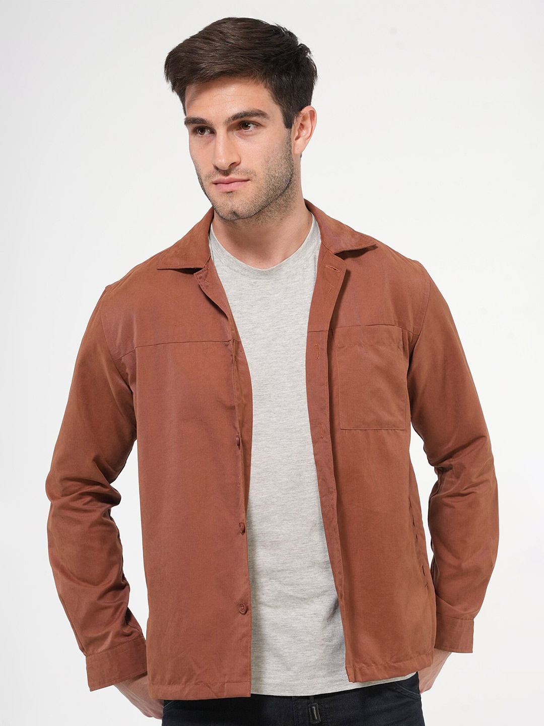 POE Smart Slim Fit Pure Cotton Casual Shacket, Brown