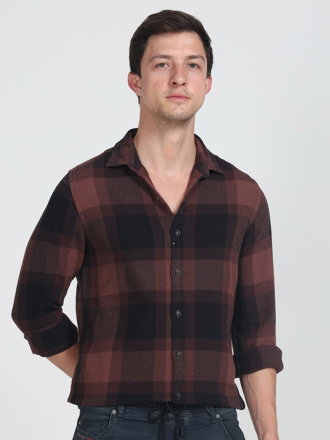 

POE Checked Printed Spread Collar Slim Fit Casual Shirt, Maroon