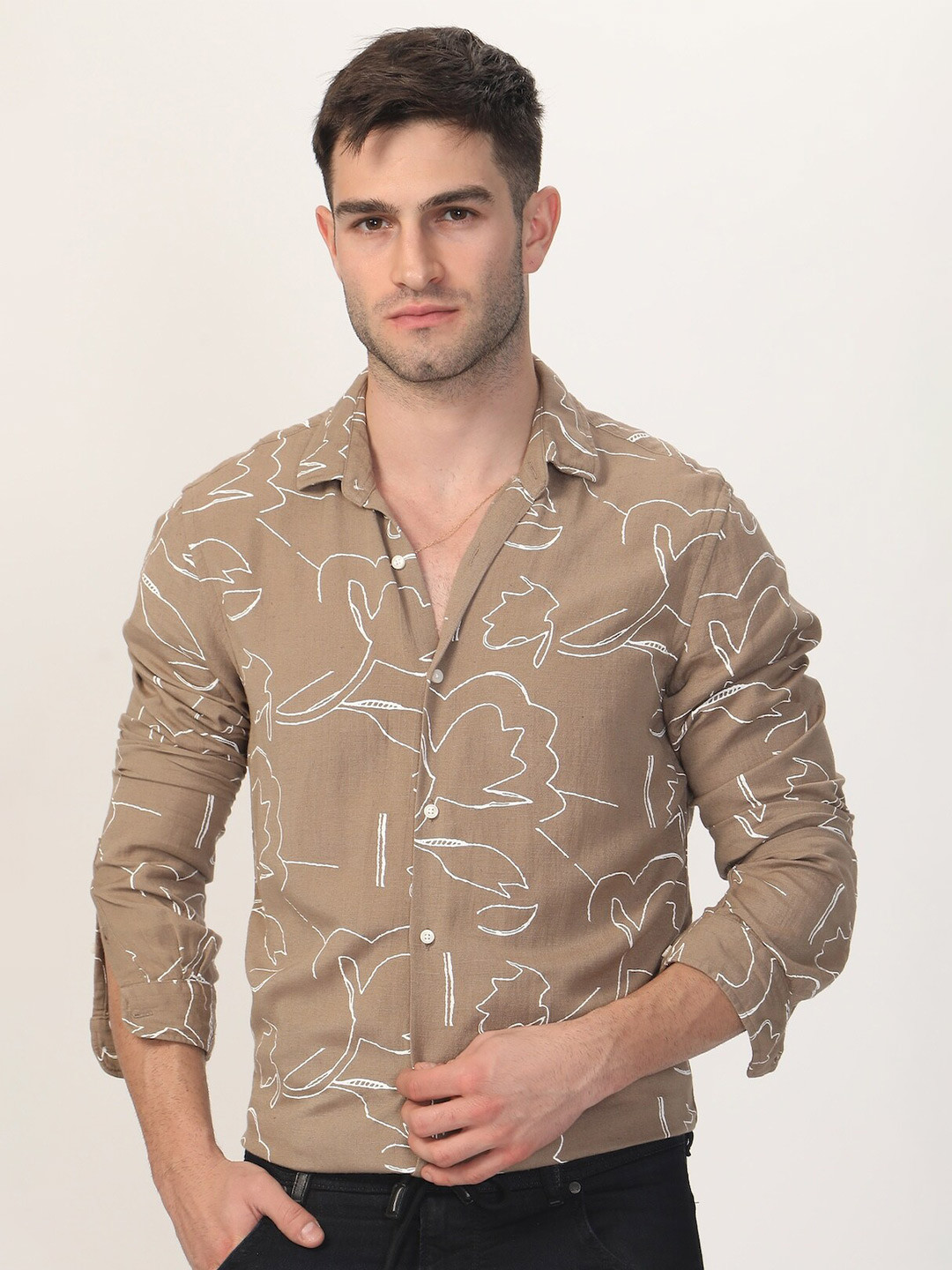 

POE Smart Slim Fit Floral Printed Pure Cotton Casual Shirt, Khaki