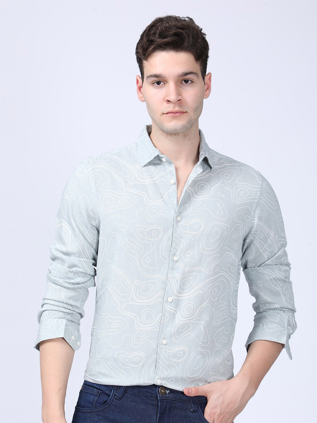 

POE Abstract Printed Smart Slim Fit Casual Shirt, Grey