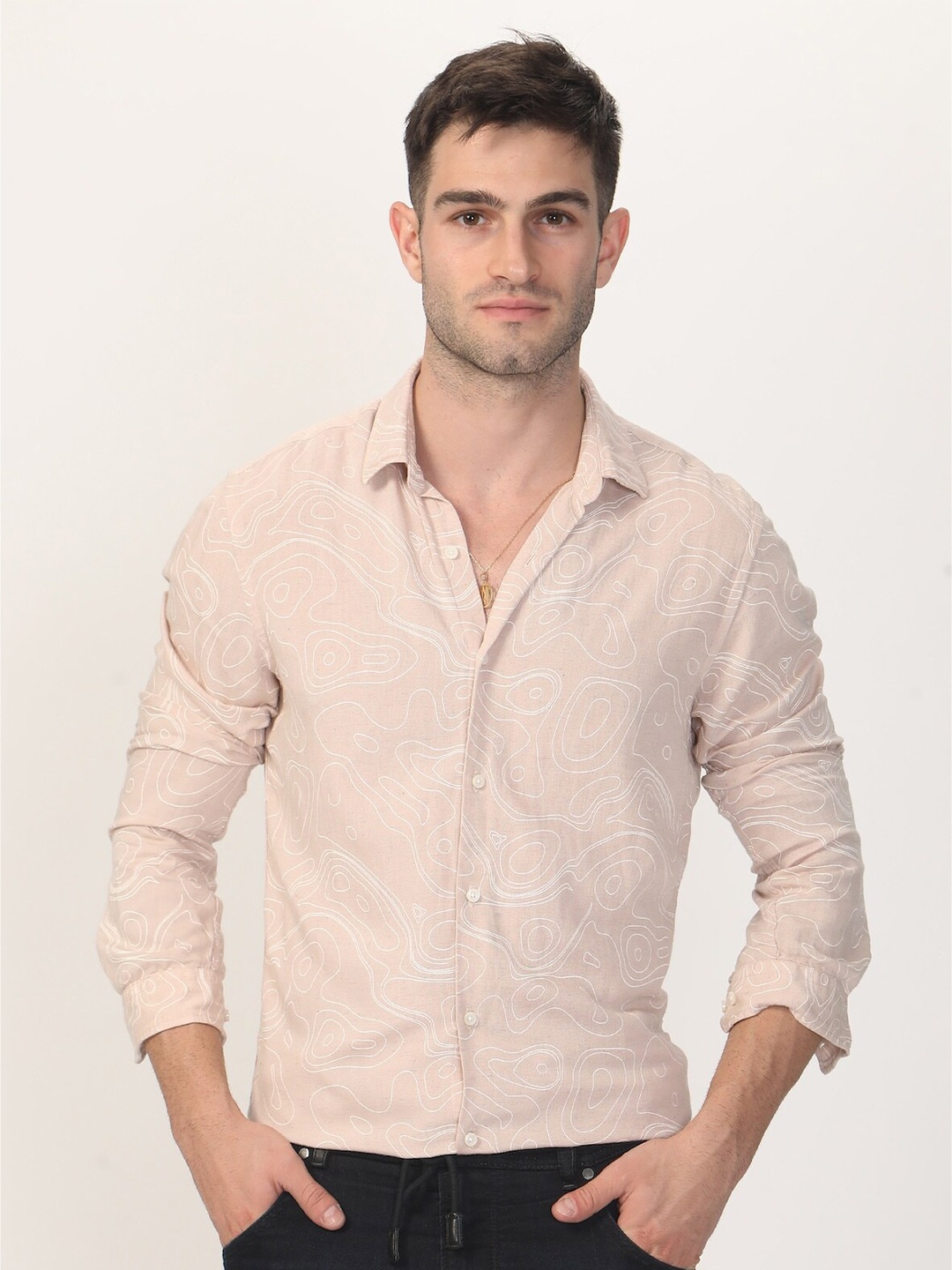 

POE Smart Slim Fit Abstract Printed Casual Shirt, Pink