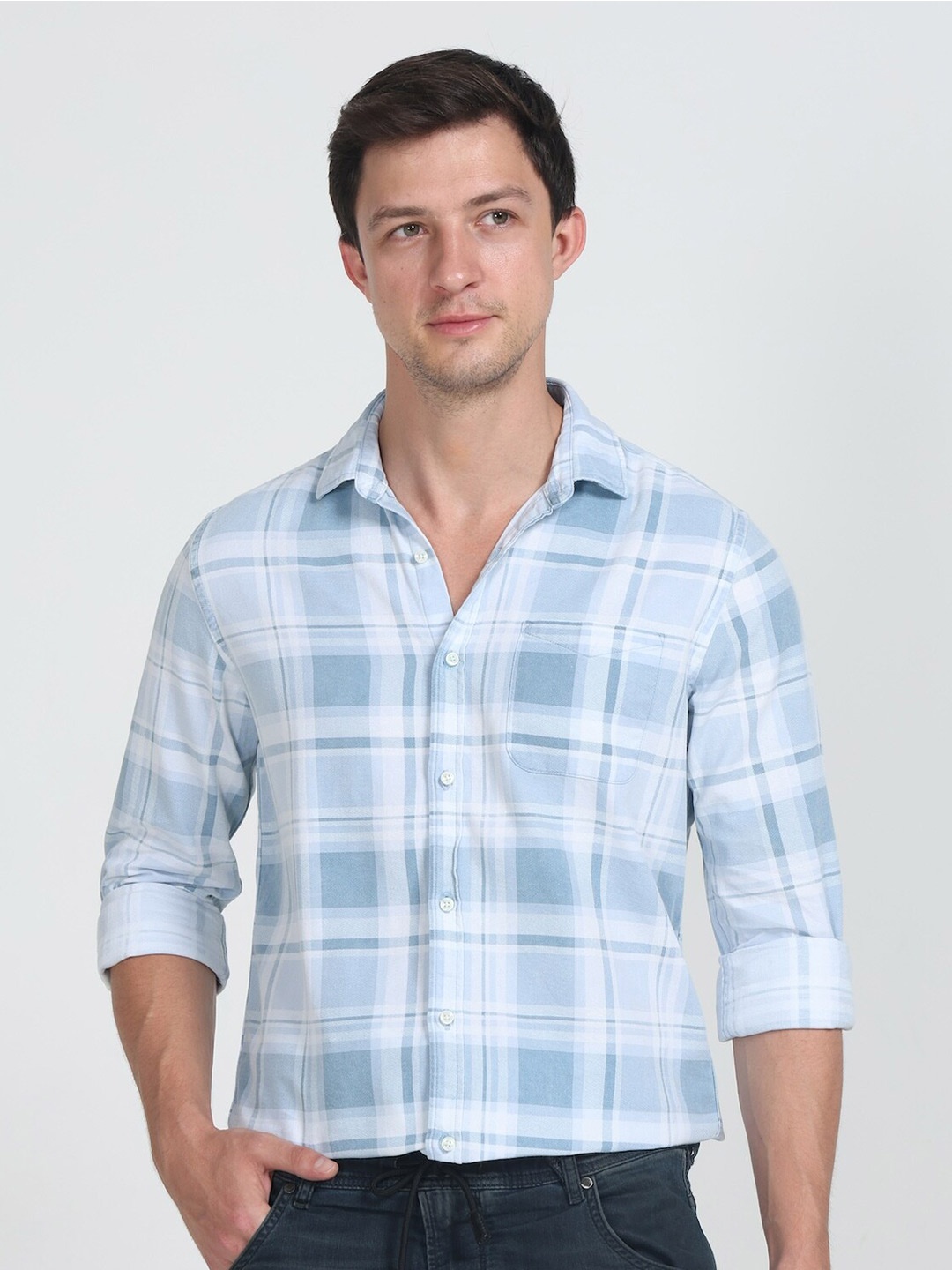 

POE Smart Slim Fit Tartan Checked Pure Cotton Casual Shirt, Blue