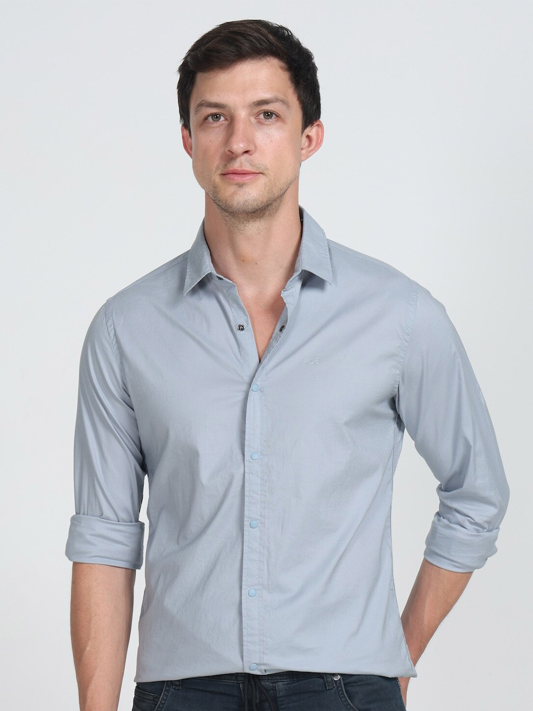 

POE Spread Collar Slim Fit Opaque Casual Shirt, Blue