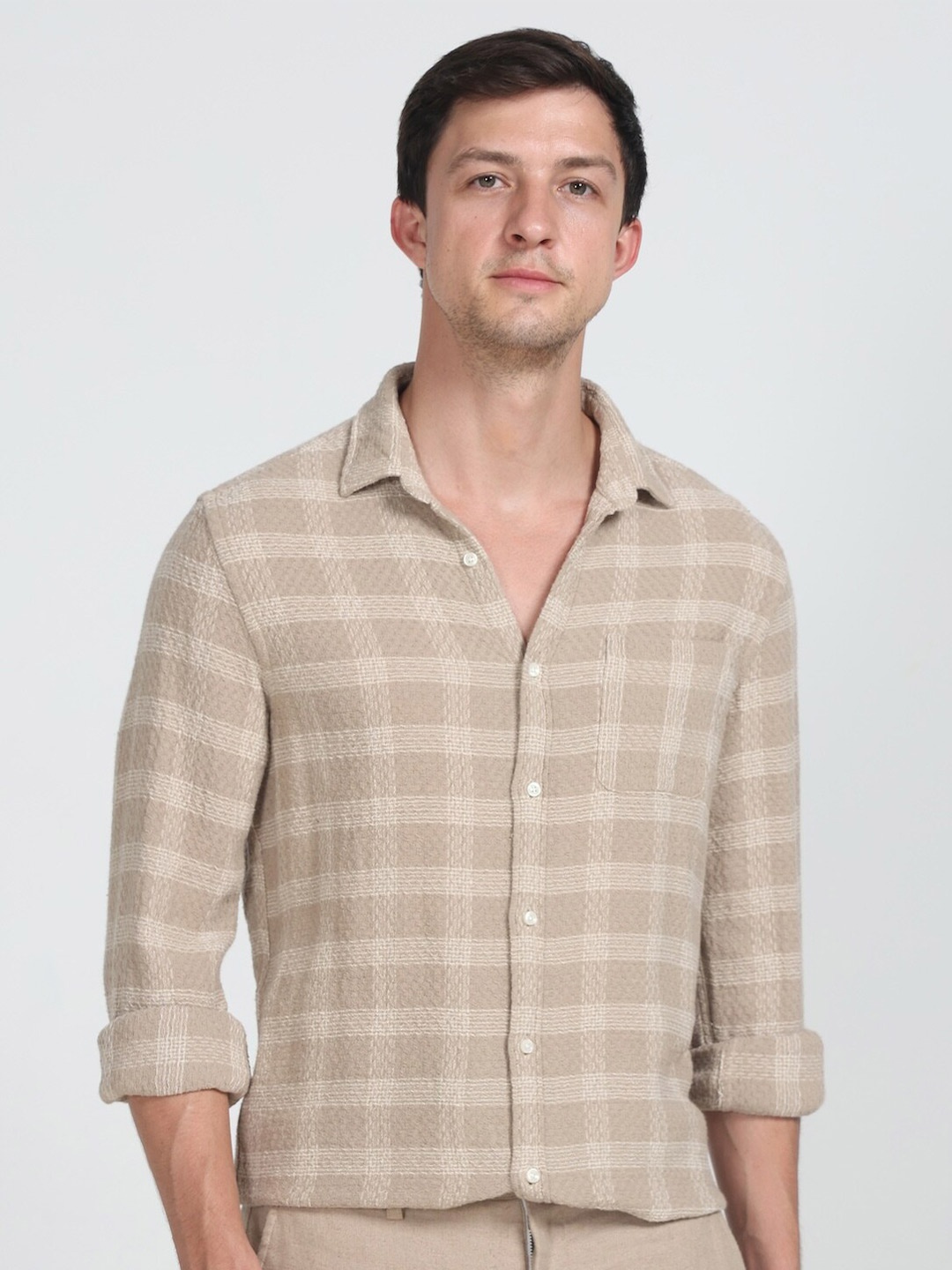 

POE Checked Printed Spread Collar Slim Fit Casual Shirt, Beige