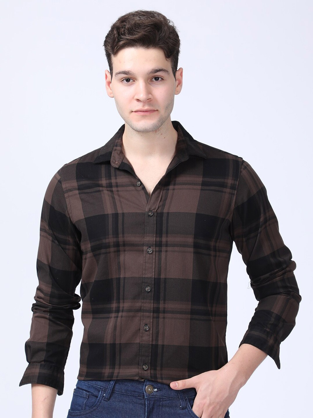 POE Smart Slim Fit Tartan Checks Opaque Casual Shirt, Brown