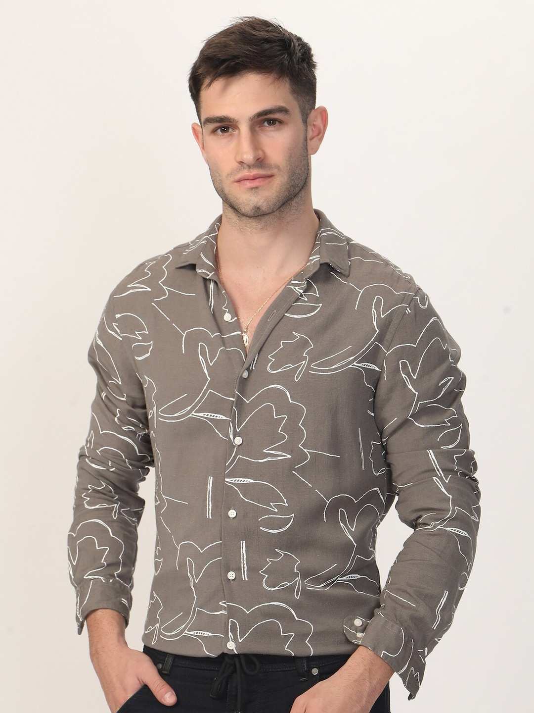 

POE Smart Slim Fit Opaque Printed Casual Shirt, Grey