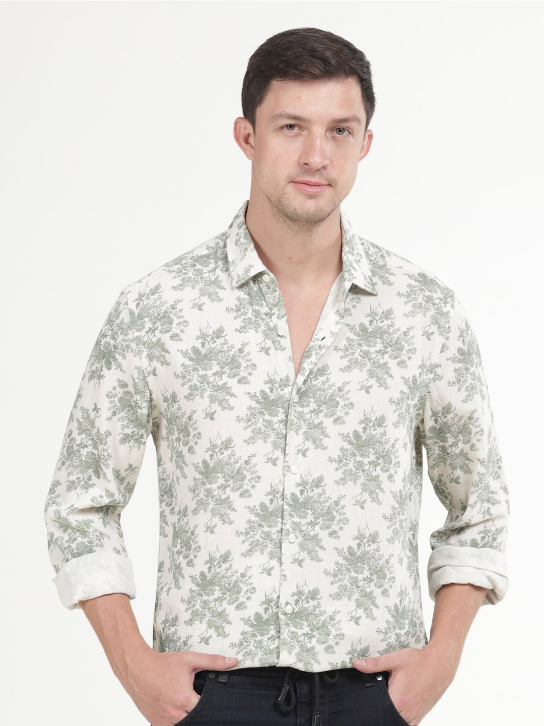 

POE Smart Slim Fit Floral Printed Casual Shirt, Green