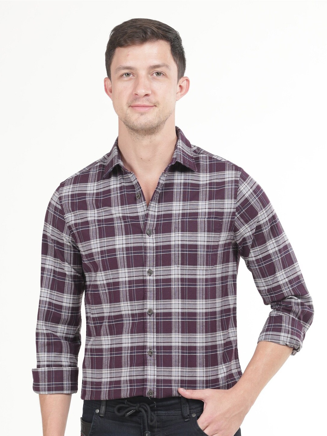 

POE Checked Printed Spread Collar Cotton Slim Fit Casual Shirt, Burgundy