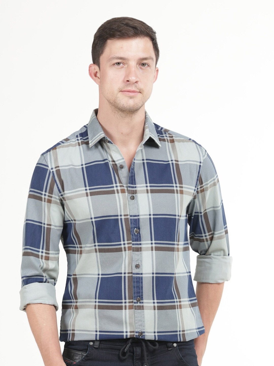 POE Smart Slim Fit Tartan Checked Casual Shirt, Blue