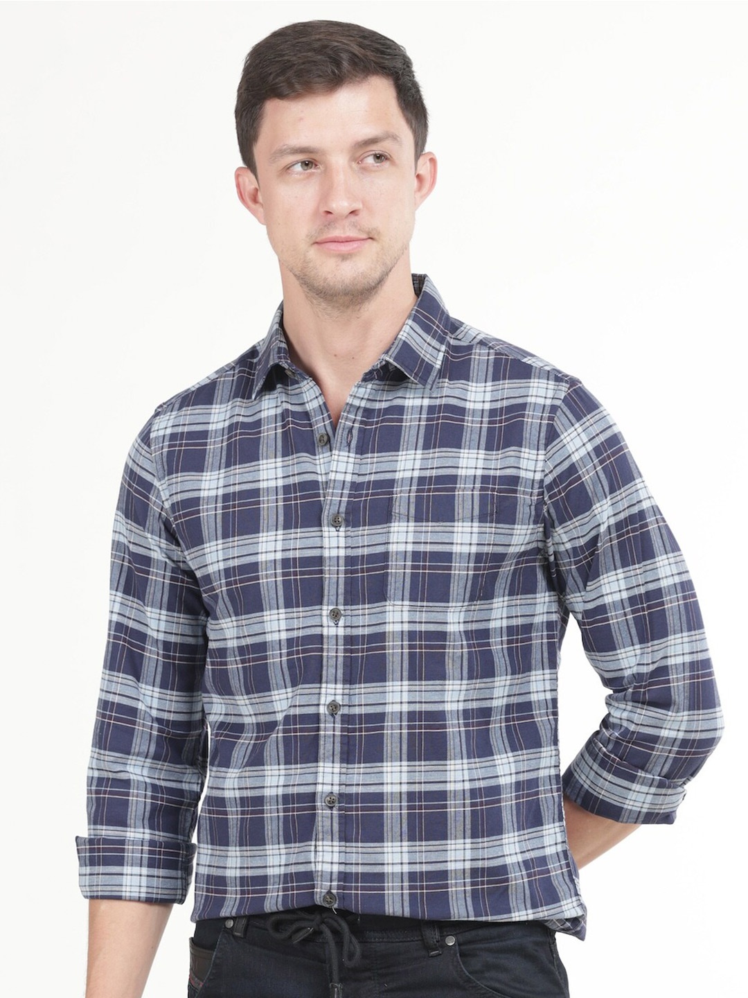

POE Smart Slim Fit Tartan Checked Pure Cotton Casual Shirt, Navy blue