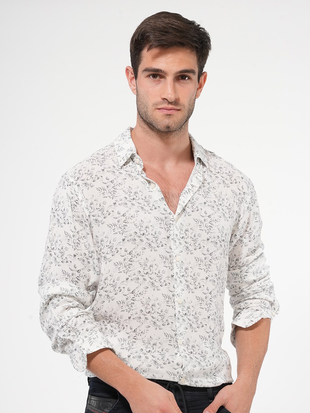 

POE Smart Slim Fit Floral Printed Long Sleeves Casual Shirt, Grey