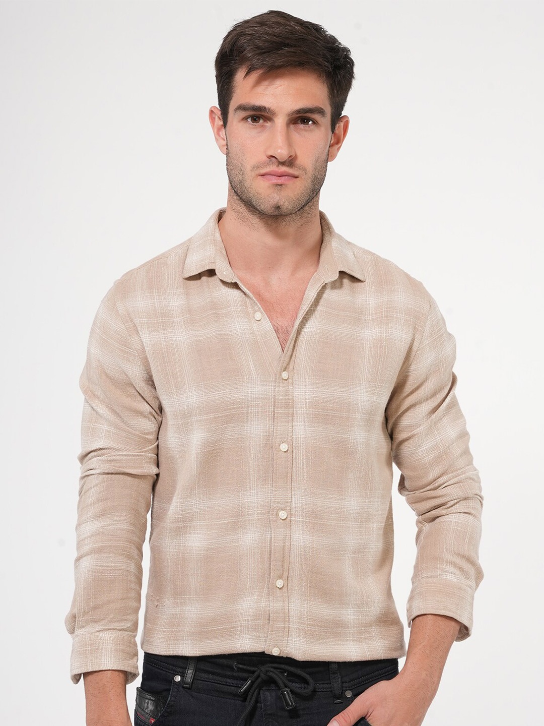 

POE Checked Smart Slim Fit Casual Shirt, Beige