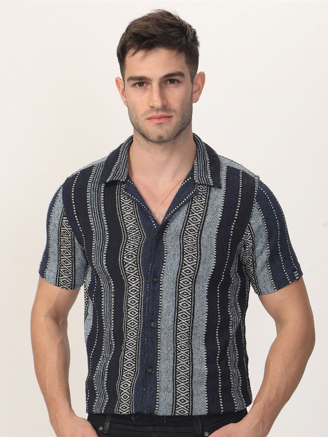

POE Printed Spread Collar Slim Fit Casual Shirt, Navy blue