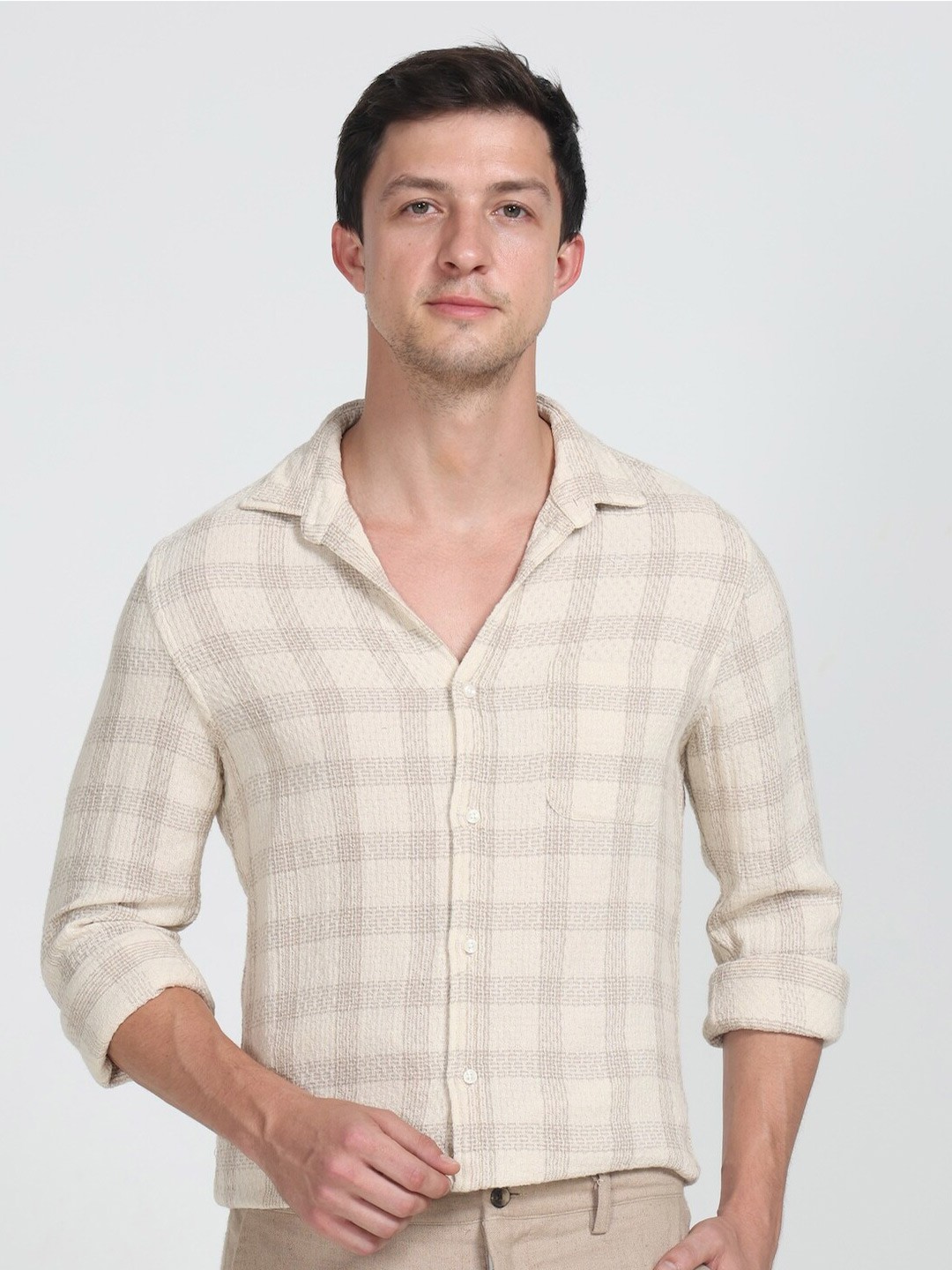 

POE Smart Slim Fit Checked Long Sleeves Pure Cotton Casual Shirt, Off white