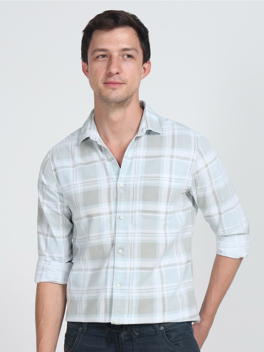 

POE Smart Slim Fit Checked Pure Cotton Casual Shirt, Olive