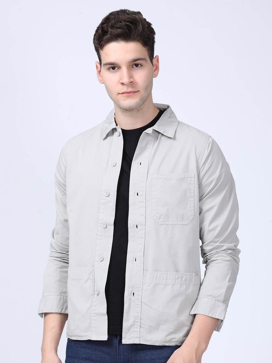 

POE Men Smart Slim Fit Opaque Casual Shirt, Grey