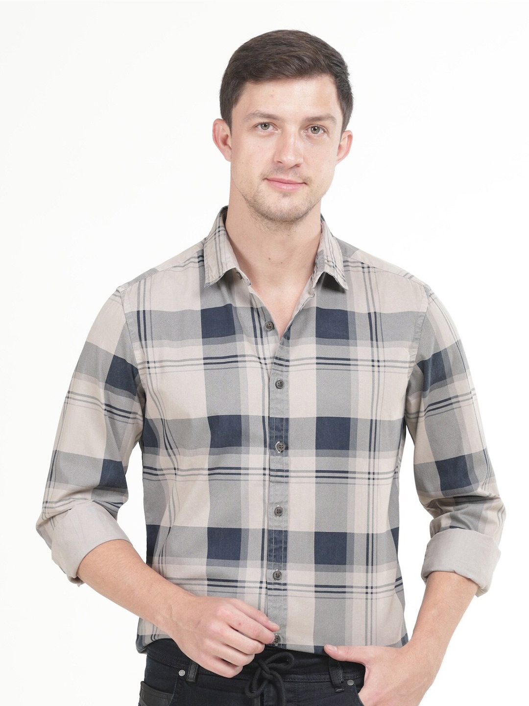 

POE Smart Slim Fit Checked Long Sleeves Pure Cotton Casual Shirt, Grey