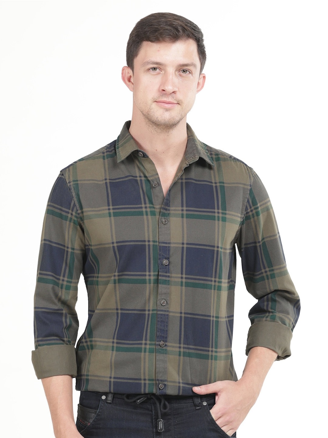 

POE Smart Slim Fit Checked Pure Cotton Casual Shirt, Olive