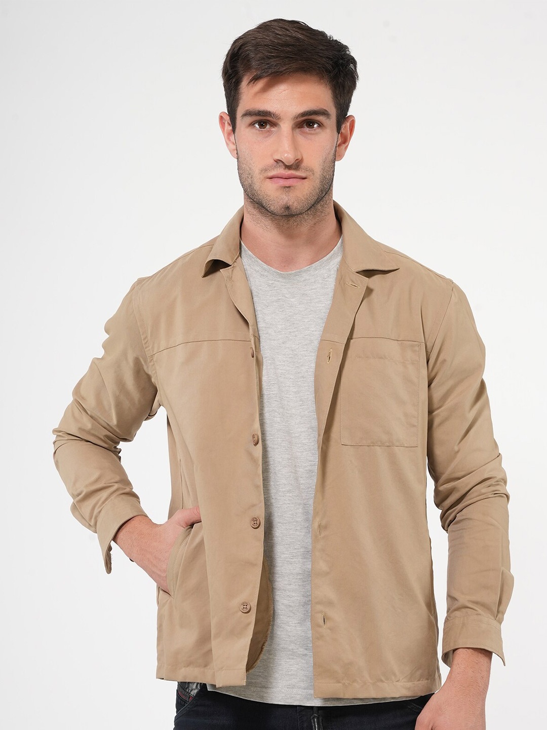 POE Smart Slim Fit Long Sleeves Pure Cotton Casual Shirt, Khaki