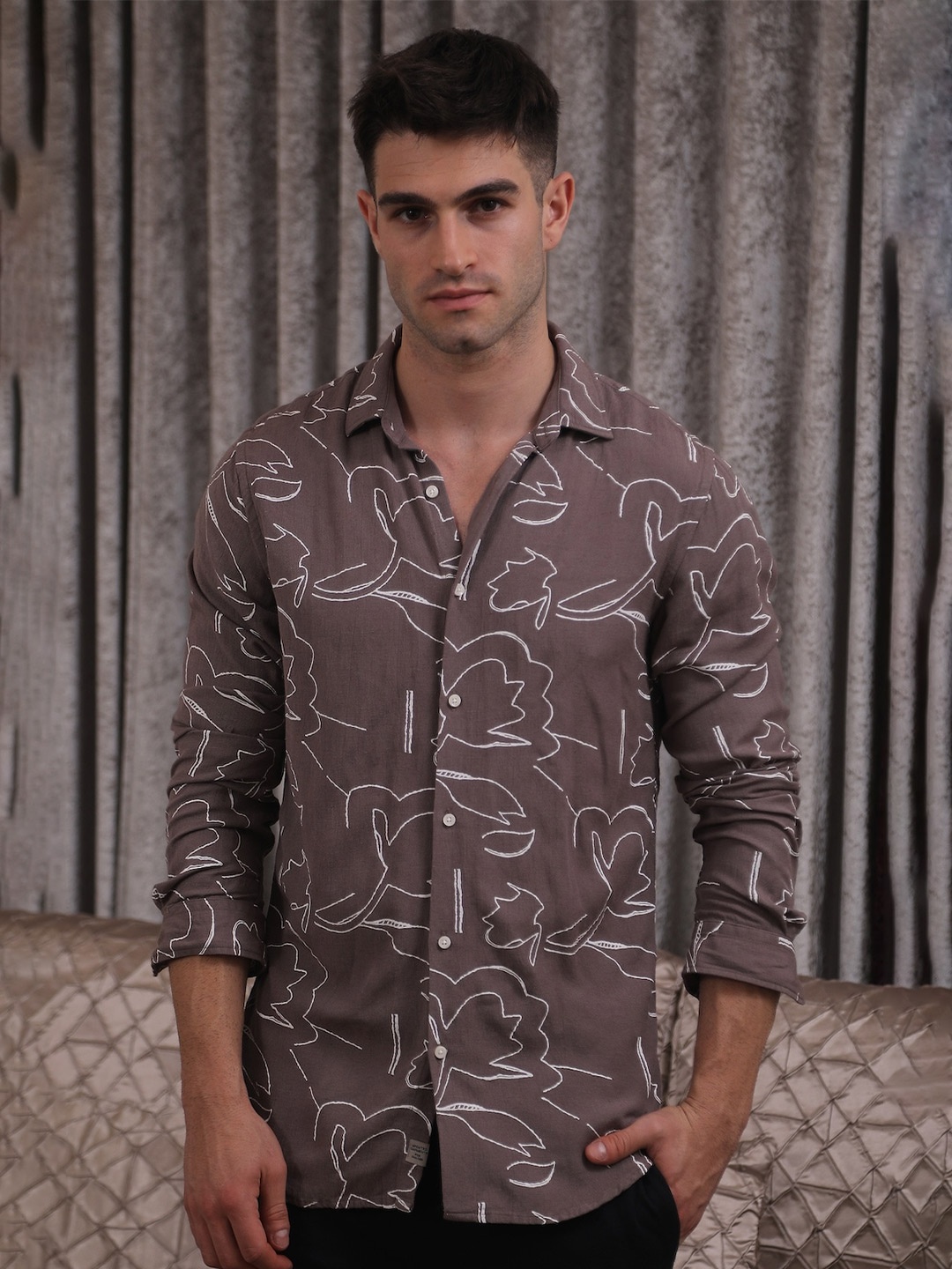 

POE Smart Slim Fit Abstract Printed Casual Shirt, Pink