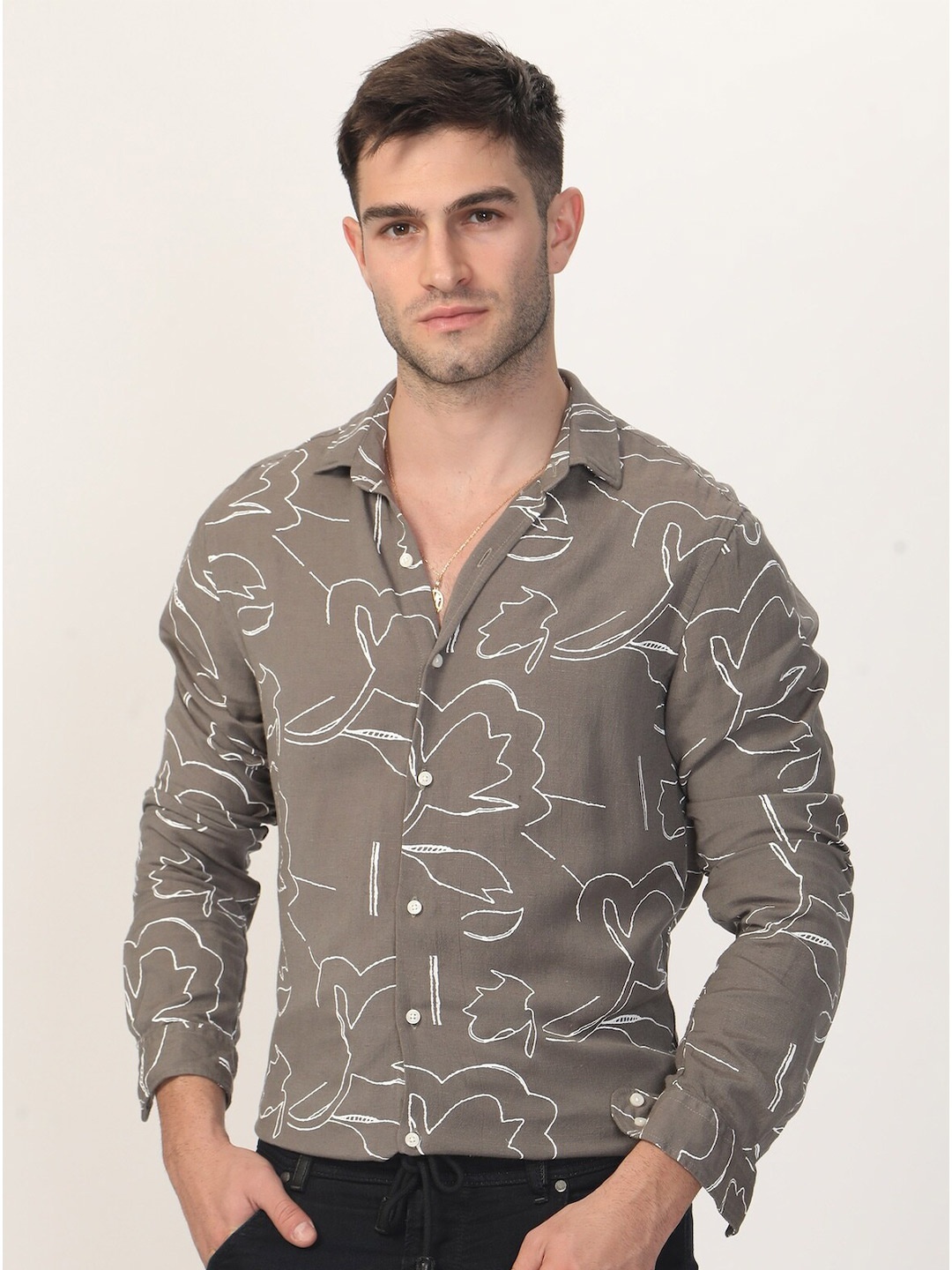 

POE Smart Slim Fit Floral Printed Casual Shirt, Grey