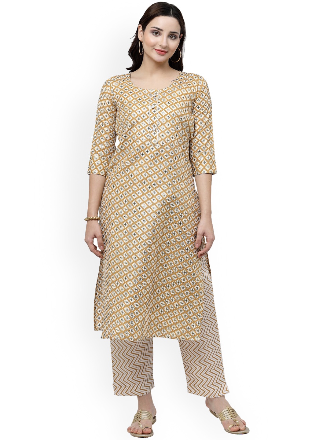 

ISHQY Geometric Printed Round Neck Pure Cotton Straight Kurta with Trousers, Yellow