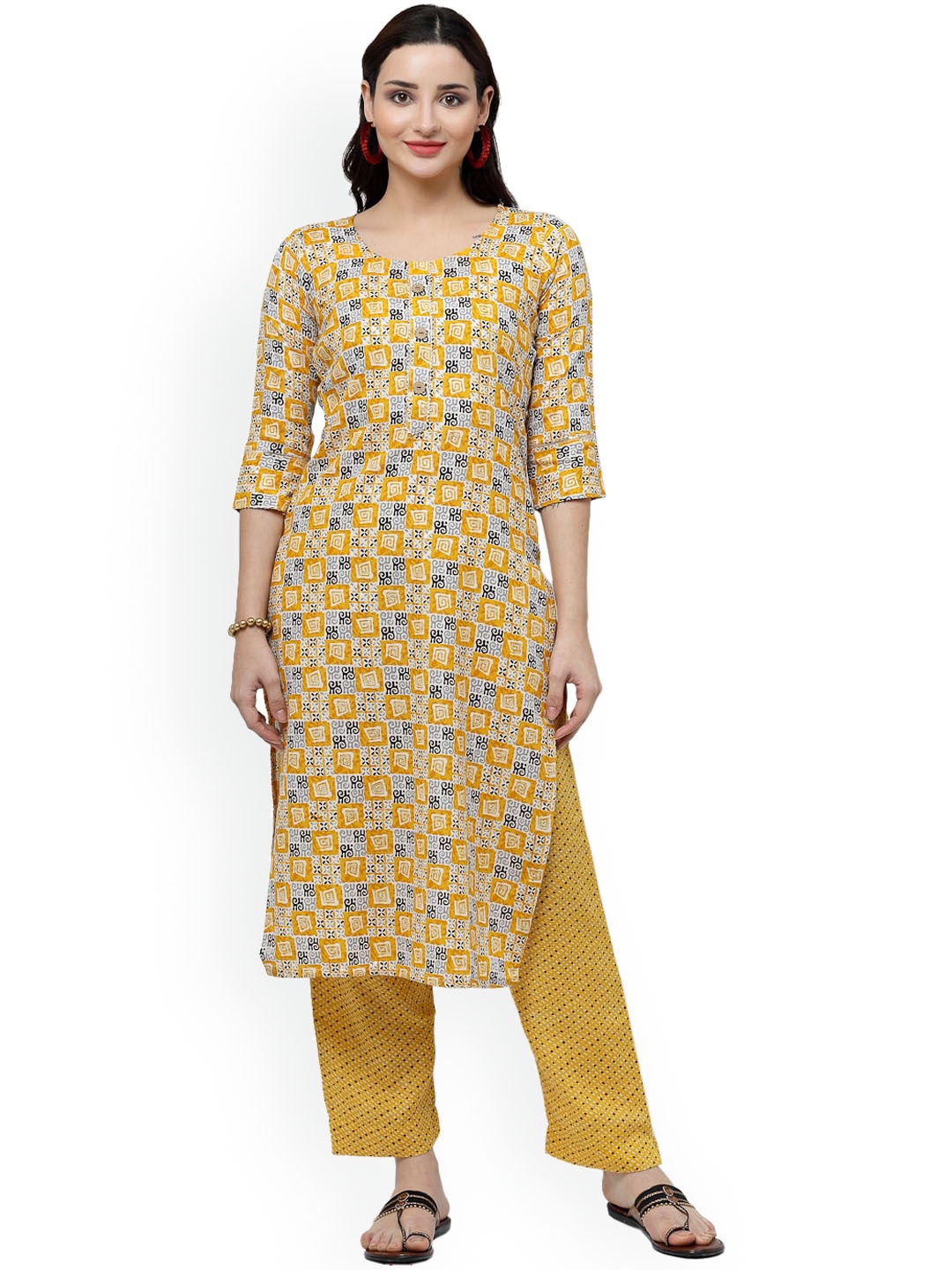 

ISHQY Geometric Printed Round Neck Pure Cotton Straight Kurta with Trousers, Yellow