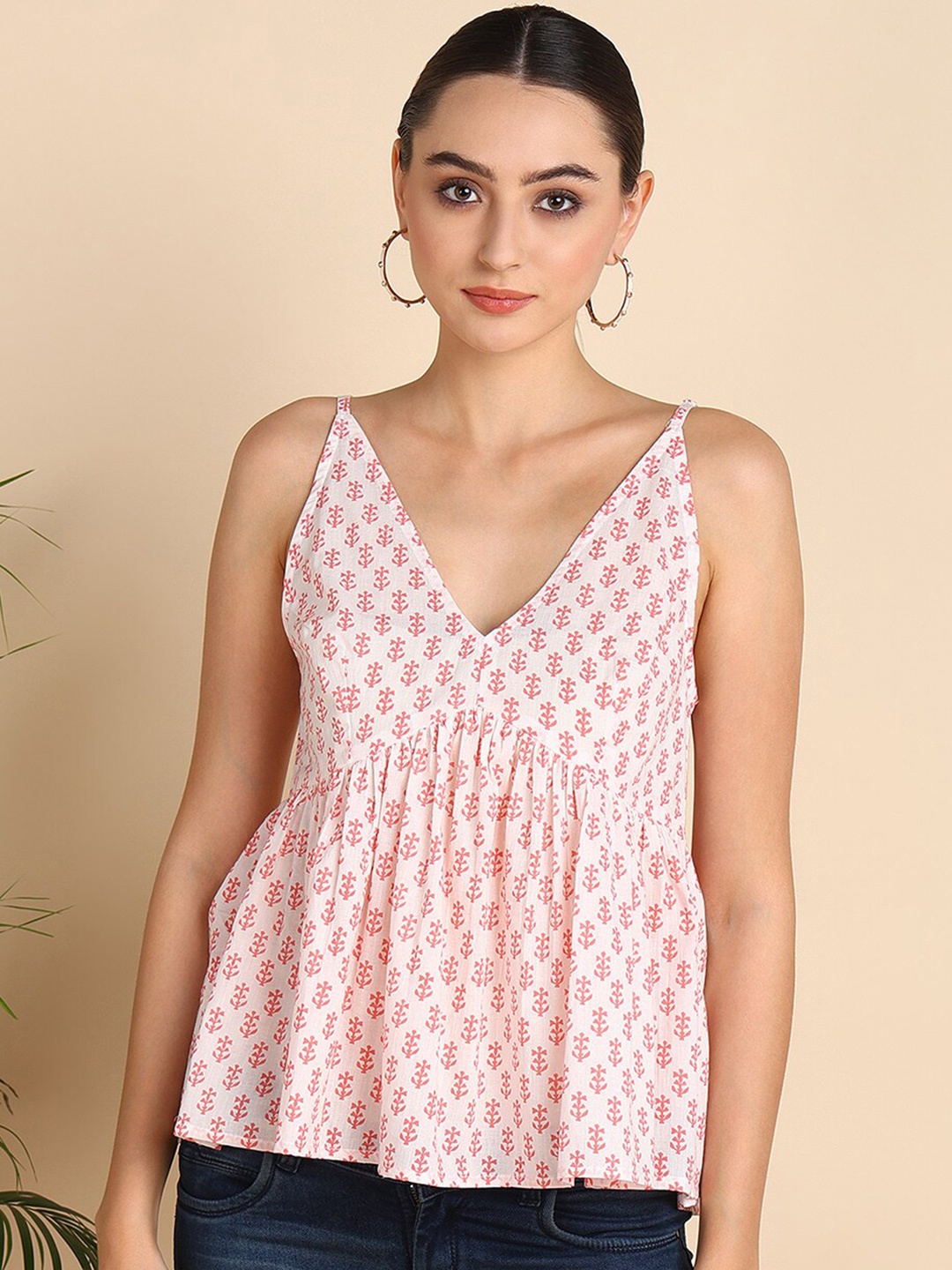 

HERE&NOW Floral Printed V-Neck Pure Cotton Anarkali Kurti, White