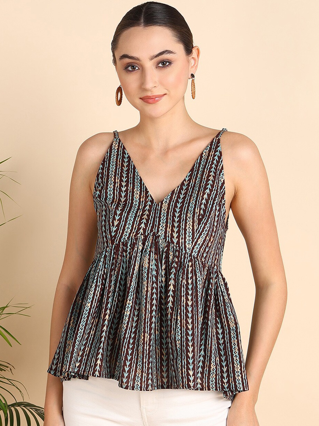 

HERE&NOW Geometric Printed V-Neck Pure Cotton Anarkali Kurti, Brown