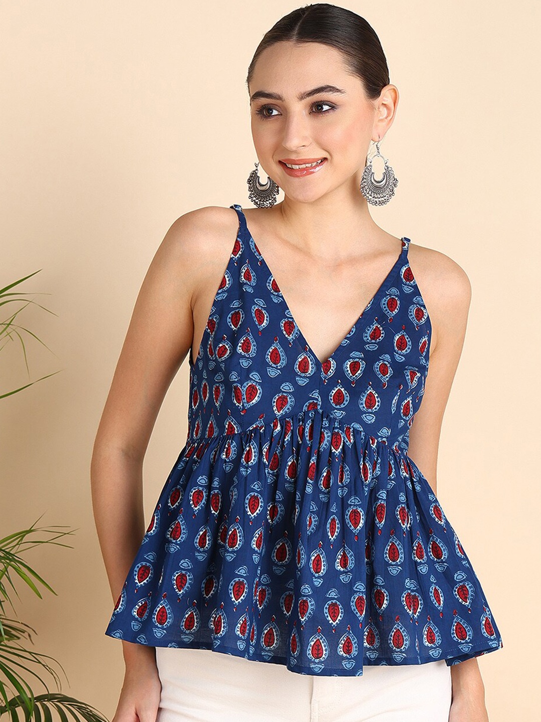 HERE&NOW Ethnic Motifs Print Peplum Top, Blue
