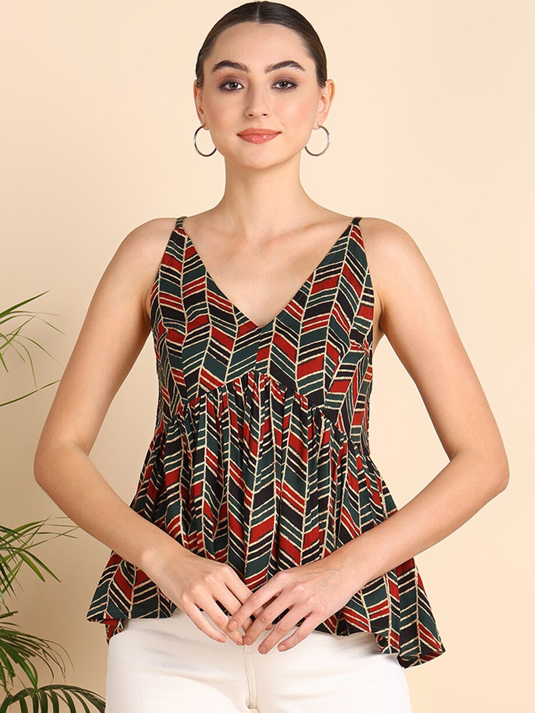 

HERE&NOW Geometric Print Peplum Top, Green